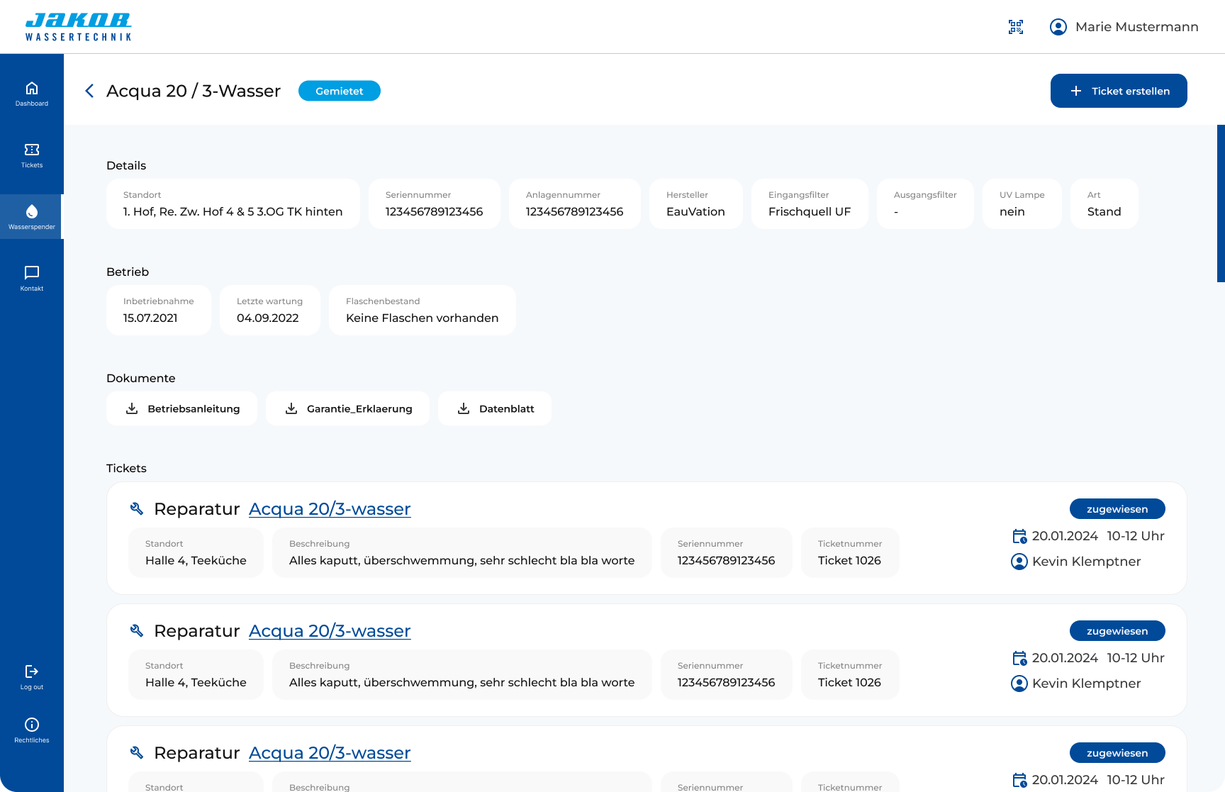 Screenshot of JWT Kundenportal Wasserspender detail view design