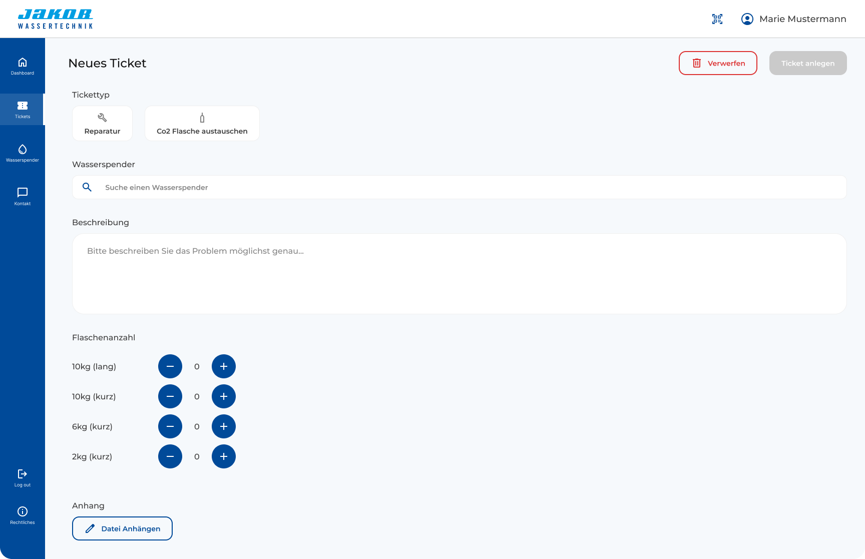 Screenshot of JWT Kundenportal Ticket creation view design